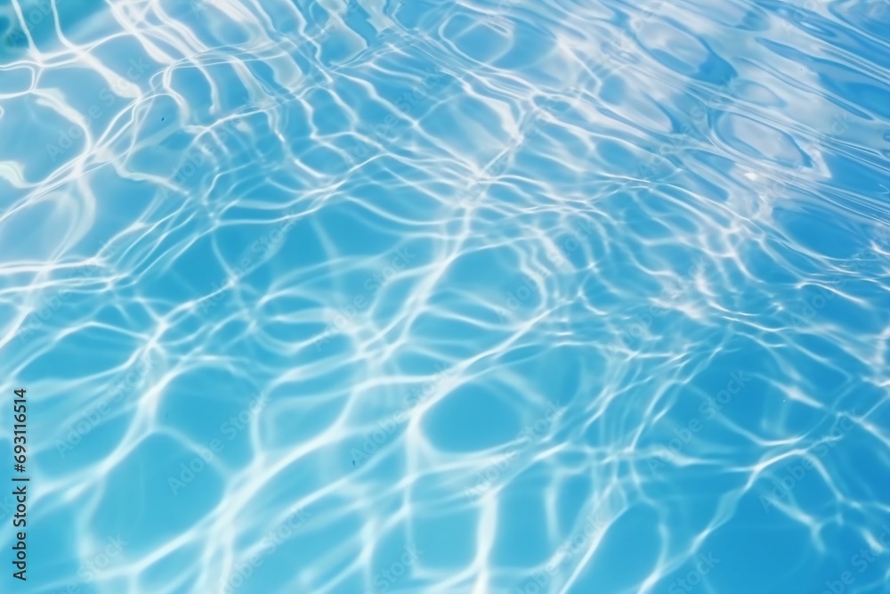 Blue water surface with bright sun light reflections, water in swimming pool background closeup. generative ai.