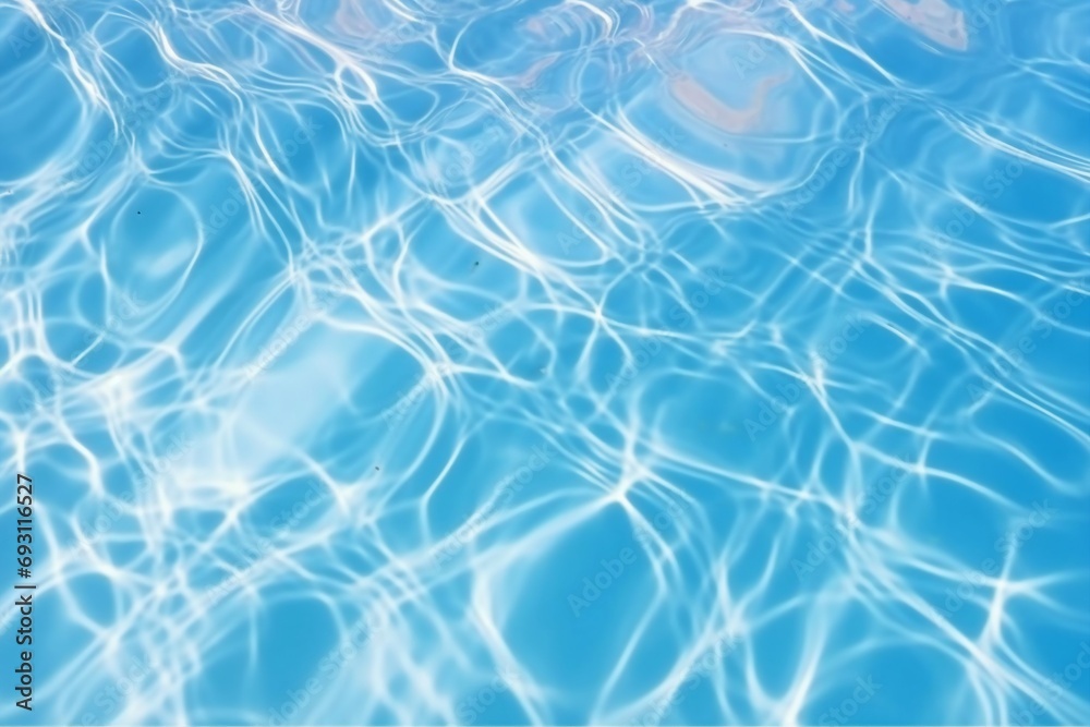Blue water surface with bright sun light reflections, water in swimming pool background closeup. generative ai.