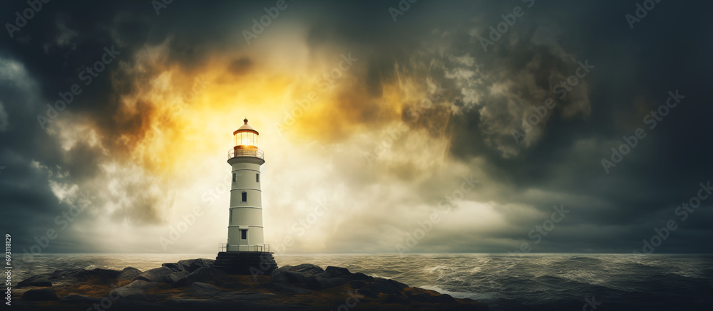 Guiding light. Lighthouse on the sea.  - obrazy, fototapety, plakaty 