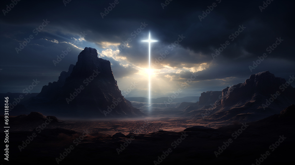 Mountains desert landscape with a bright cross in the sky.  - obrazy, fototapety, plakaty 