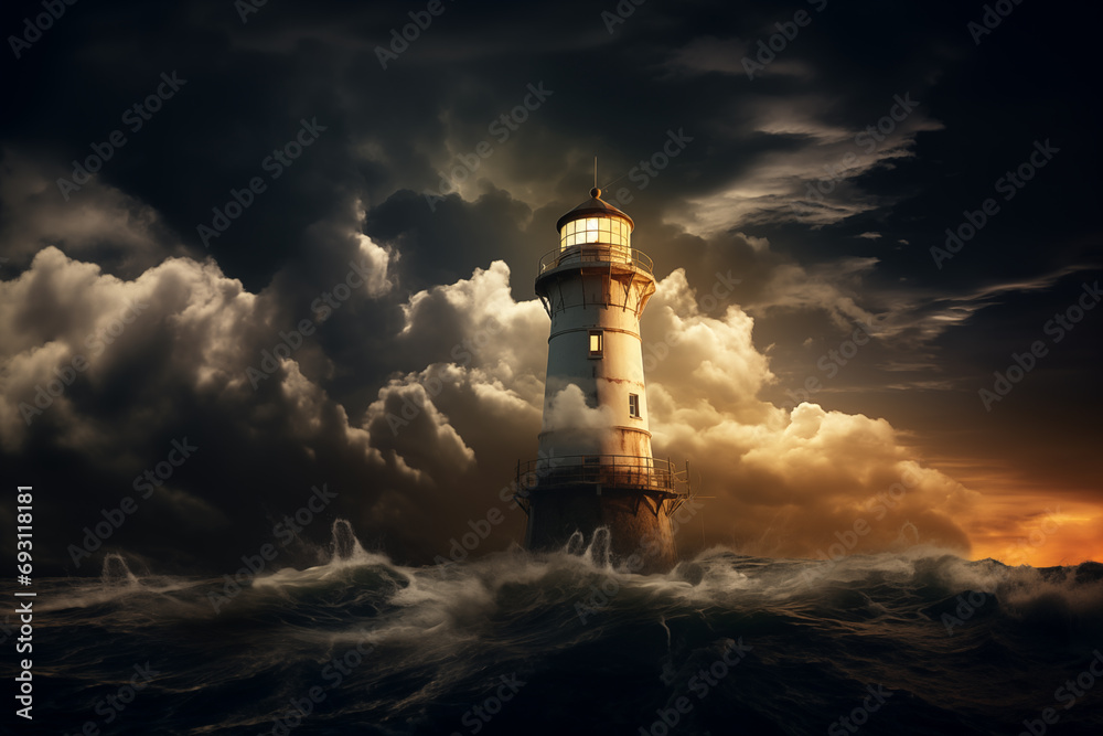 Guiding light. Lighthouse on the stormy sea. 