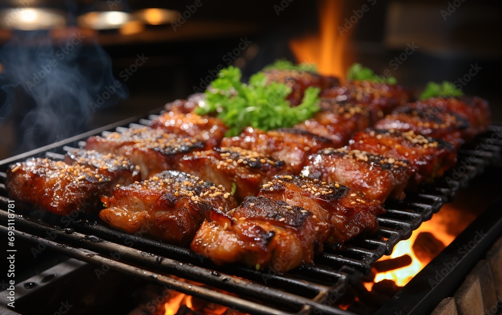 sizzling barbecue pork belly, perfectly grilled and ready to serve sizzling barbecue pork belly, perfectly grilled and ready to serve