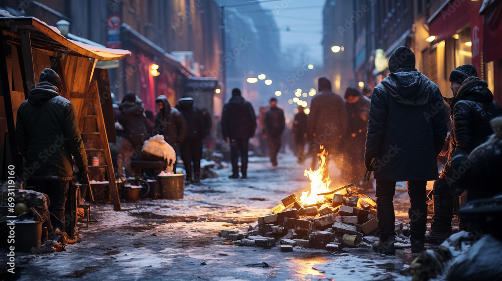 People warm themselves near the fire on the street. Refugee, homeless, emigrant, beggar concept.