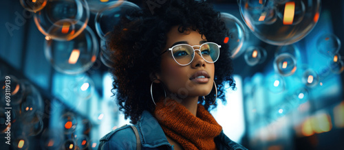 An African American female designer wearing glasses smiling on an evening street, Generative AI photo