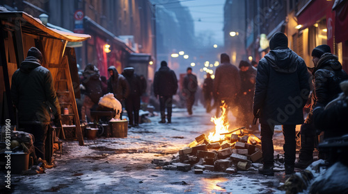 People warm themselves near the fire on the street. Refugee, homeless, emigrant, beggar concept. photo