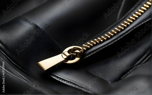 Abstract close-up of a zipper on a chic leather jacket, creating a dynamic composition. 