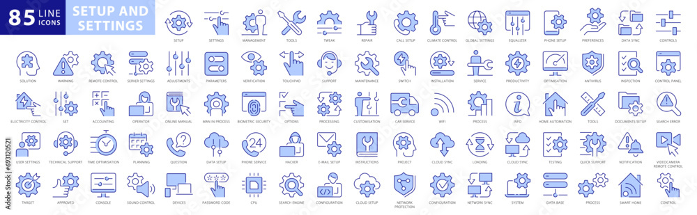 Setting and setup Basic icons Pixel perfect. option, installation, tools, control