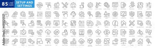 Setting and setup line icons collection. Operation, gear, processing, tools icons. UI icon set. Thin outline icons pack. Vector illustration EPS10 photo