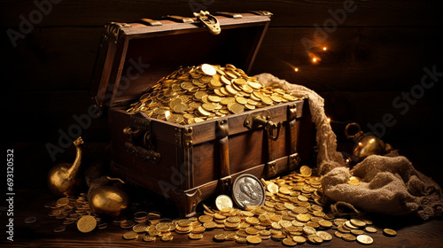 treasure chest overflowing with old gold coins