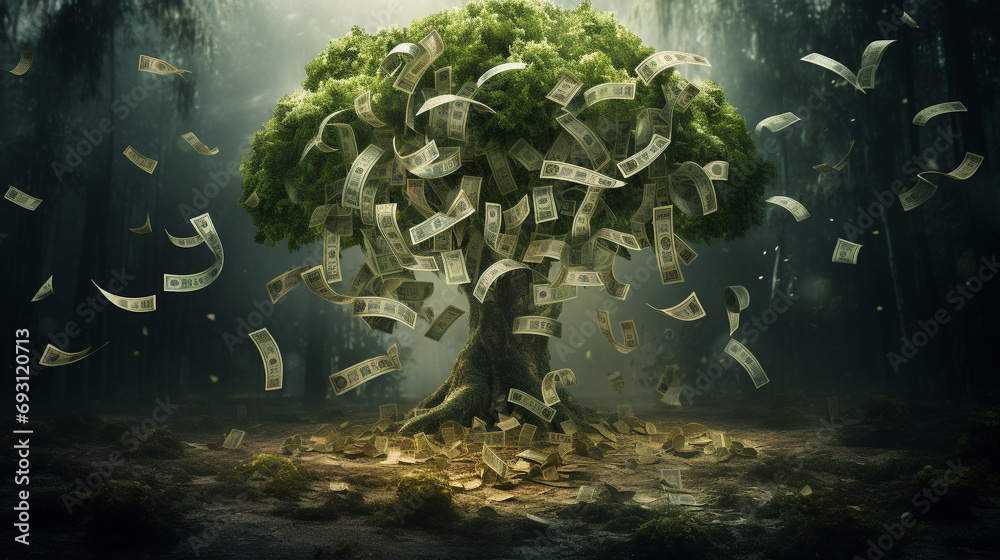 monopoly money tree growing in a mystical forest - obrazy, fototapety, plakaty 