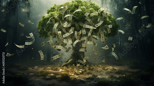 monopoly money tree growing in a mystical forest photo