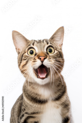 Funny surprised cat isolated on white background. Studio portrait of a cat with amazed face. © ita_tinta_