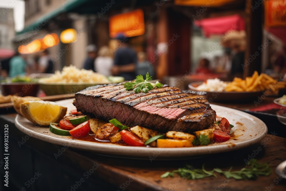 A juicy flank steak, marinated and grilled to perfection generated with AI - obrazy, fototapety, plakaty 