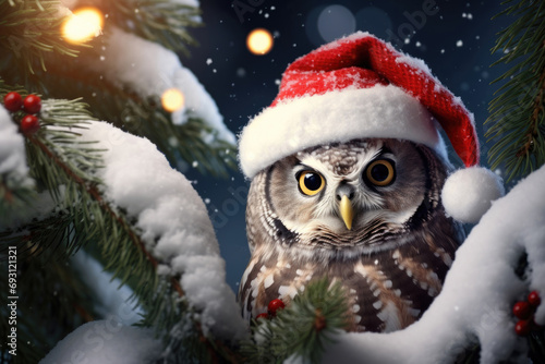 A charming owl dons a Santa Claus hat, perched amidst the dense spruce branches © Venka