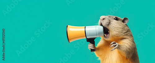 Capybara announcing using hand speaker. Notifying, warning, announcement. photo