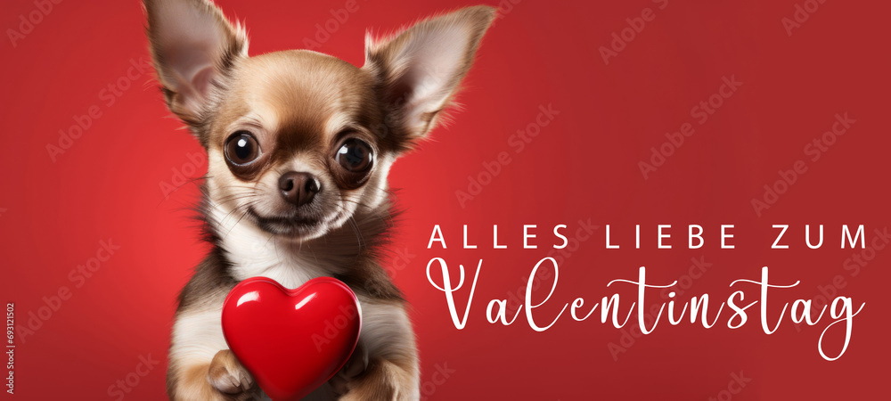Alles Liebe zum Valentinstag, Grußkarte mit deutschem Text - Niedlicher stehender Chihuahua Hund hält rotes Herz , isoliert auf rotem Hintergrund - obrazy, fototapety, plakaty 