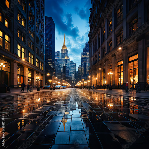 Post-rain panorama, New York street glistens, a captivating urban tableau, reflections and ambiance captured in this mesmerizing stock photo view.