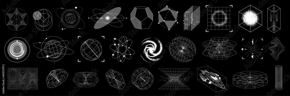 3D cyberpunk grid y2k shape set, vector wireframe warp retro futuristic geometric icon collection. Vintage science mathematic perspective frame, techno blueprint space object kit. Futuristic wireframe