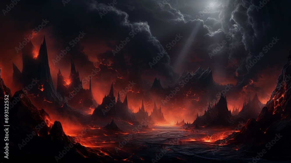Dark and fiery landscape with lava and rocks AI Generated