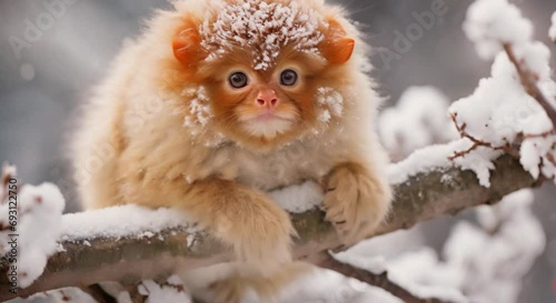 monkey on snowy tree branch footage photo