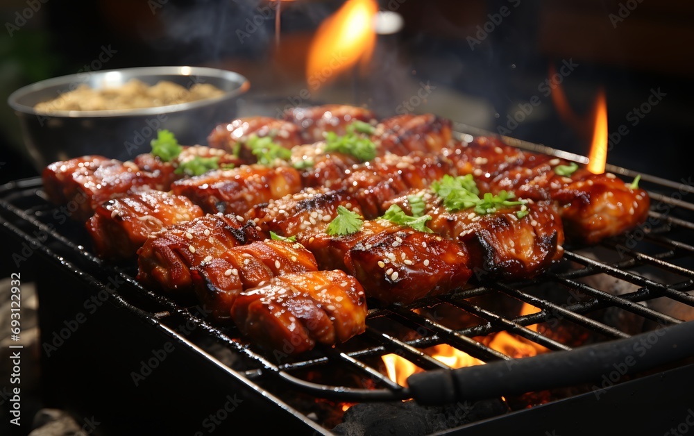 sizzling barbecue pork belly, perfectly grilled and ready to serve sizzling barbecue pork belly, perfectly grilled and ready to serve