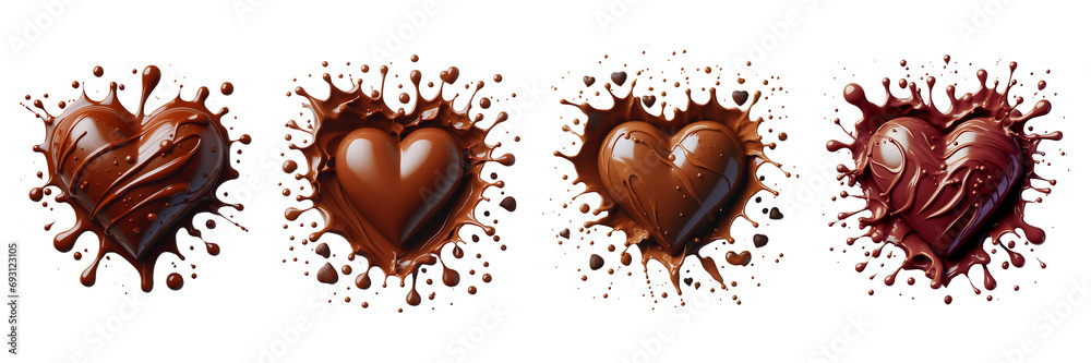 Set of Flat Lay of Liquid chocolate heart with drips and splashes, Valentine's day, isolated over on transparent background(3) - obrazy, fototapety, plakaty 