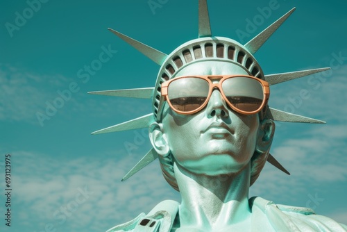 Statue of liberty wearing fancy sunglasses against a blue sky.