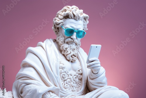 Canvas-taulu Portrait of a pensive white sculpture of Zeus wearing blue sunglasses with a smartphone in his hand on a light purple background