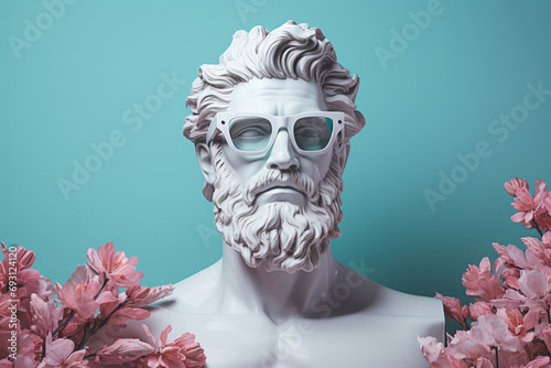 White bust of Poseidon wearing glasses with pink flowers on a blue pastel background. photo