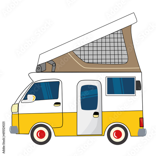Yellow Camping vehicles. Camper van, travel car. Summer holiday campervan, recreational vehicle.  Flat vector illustration