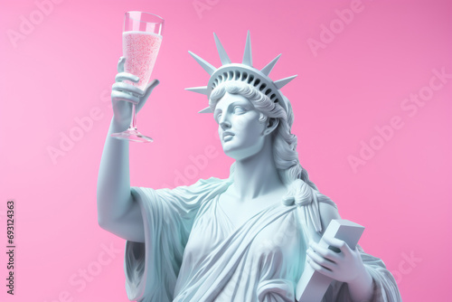 White sculpture of the statue of liberty with a champagne glass in hand on a pink background. photo