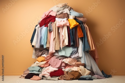 Concept of over-consumption. A pile of new clothes on a pastel beige background. photo