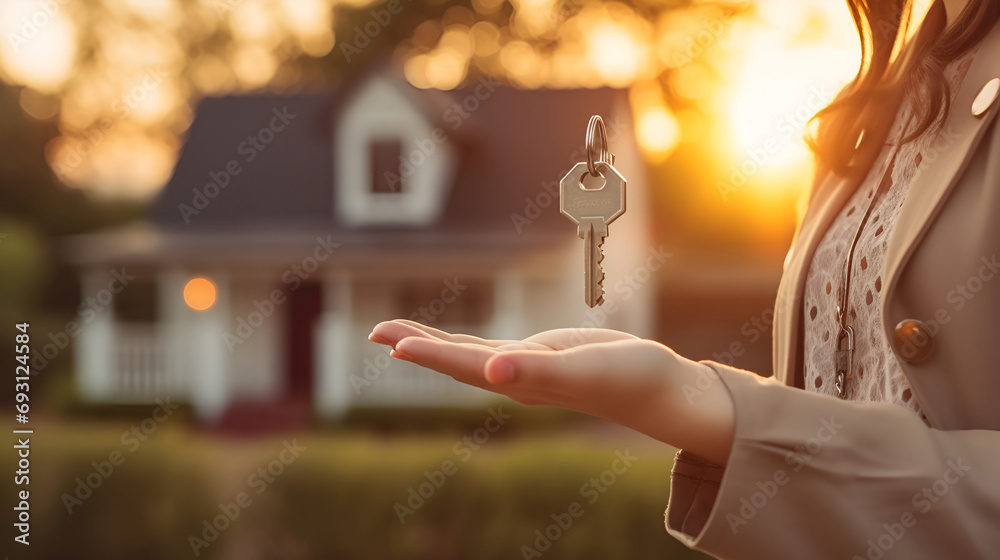 A key above a female palm on the background of a modern house, buying or renting a home - obrazy, fototapety, plakaty 