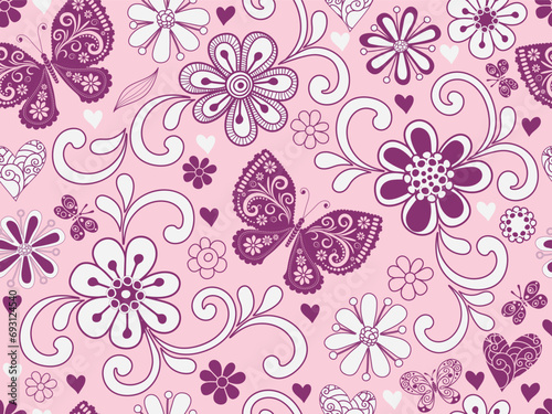 Vector tricolor valentines pattern of hearts and flowers and butterflies in doodle style on a rosr background