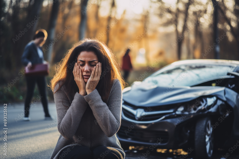 A female motorist has a car accident asking for roadside assistance or an insurance company standing on the road after a car accident. - obrazy, fototapety, plakaty 