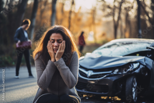 A female motorist has a car accident asking for roadside assistance or an insurance company standing on the road after a car accident.