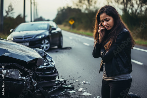 A female motorist has a car accident asking for roadside assistance or an insurance company standing on the road after a car accident. photo