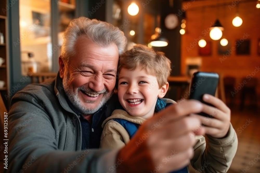 An elderly man uses a smartphone to take selfies of himself and his grandson and learn about social media at home