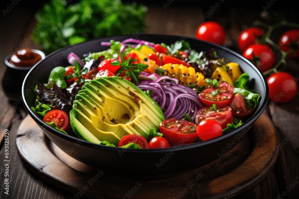Fresh and vibrant salad bowl with a variety of colorful vegetables, a healthy and appetizing option for modern food enthusiasts