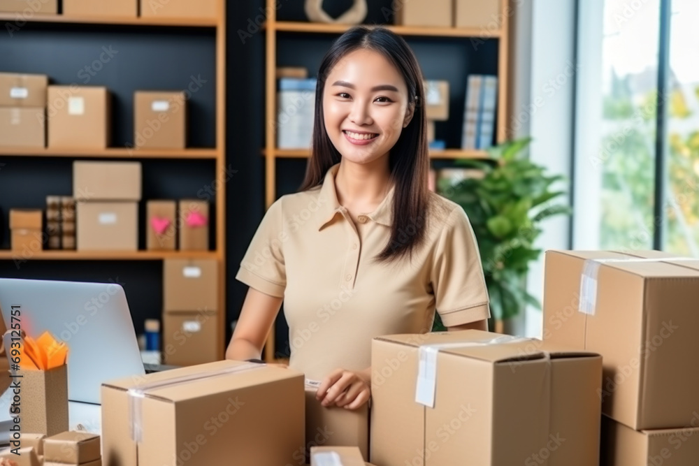 asian woman Sell products online at home Talk on the phone and prepare a cardboard box or package for online delivery.