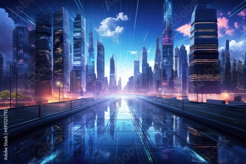 Futuristic cityscape at dusk with neon lights and holographic billboards  urban sophistication and innovation
