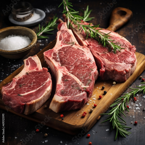 Fresh lamb cutlet with rosemary, pepper and salt on a chopping board. Generative AI