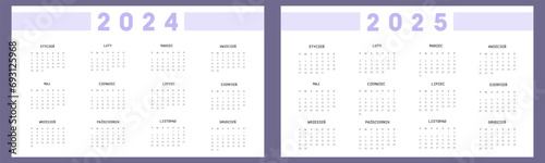 2024, 2025 calendar vector design template, simple and clean design. Calendar in Polish. The week starts on Monday.