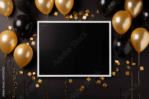 Elegant blank black card mockup for birthday, anniversary, Valentines Day. Birthday background with copyspace for text. Gold and black.