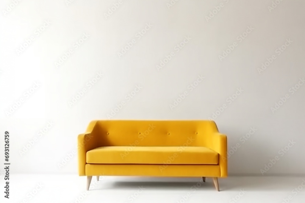 soft empty yellow sofa stands on white isolated background, comfortable fabric couch is alone against the background of white wall, copy space. generative ai. soft empty yellow sofa stands on white isolated background, comfortable fabric couch is alone against the background of white wall, copy space. generative ai.