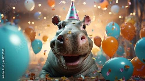 Happy cute animal friendly Hippopotamus wearing a party hat celebrating at a fancy newyear or birthday party festive celebration greeting with bokeh light and paper shoot confetti surround party photo