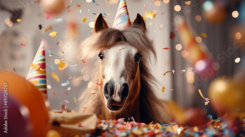 Happy cute animal friendly horse wearing a party hat celebrating at a fancy newyear or birthday party festive celebration greeting with bokeh light and paper shoot confetti surround happy lifestyle photo