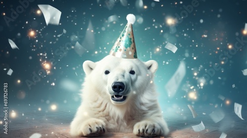 Happy cute animal friendly pola bear wearing a party hat celebrating at a fancy newyear or birthday party festive celebration greeting with bokeh light and paper shoot confetti surround party photo
