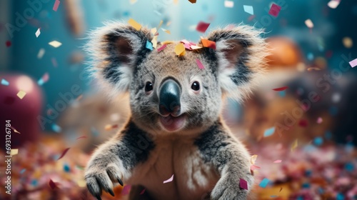 Happy cute animal friendly koala bear wearing a party hat celebrating at a fancy newyear or birthday party festive celebration greeting with bokeh light and paper shoot confetti surround party photo