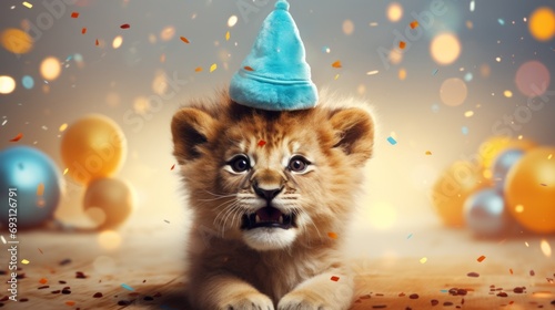 Happy cute animal friendly lion wearing a party hat celebrating at a fancy newyear or birthday party festive celebration greeting with bokeh light and paper shoot confetti surround happy lifestyle photo
